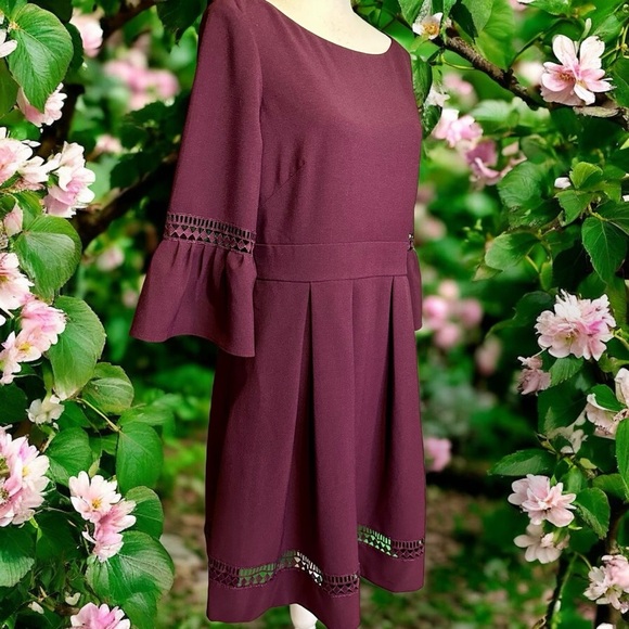 Eliza J ‘3/4 Length Bell Sleeve Fit & Flare Dress’ in “Plum Burgundy” Size 12 - Picture 14 of 15